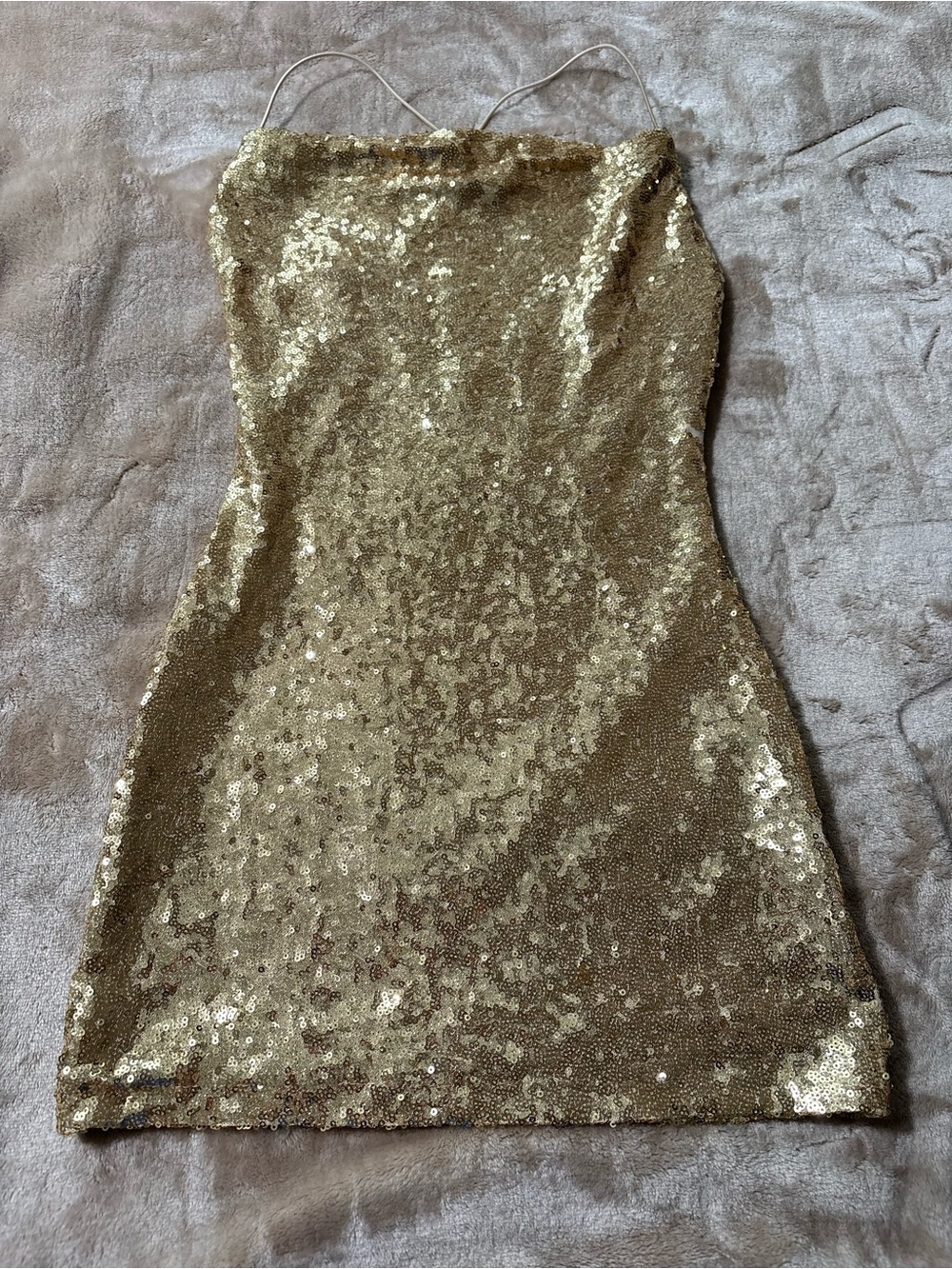 B. DARLIN Gold Sequin Cowl Neck Mini Dress Cross Back Size 1/2